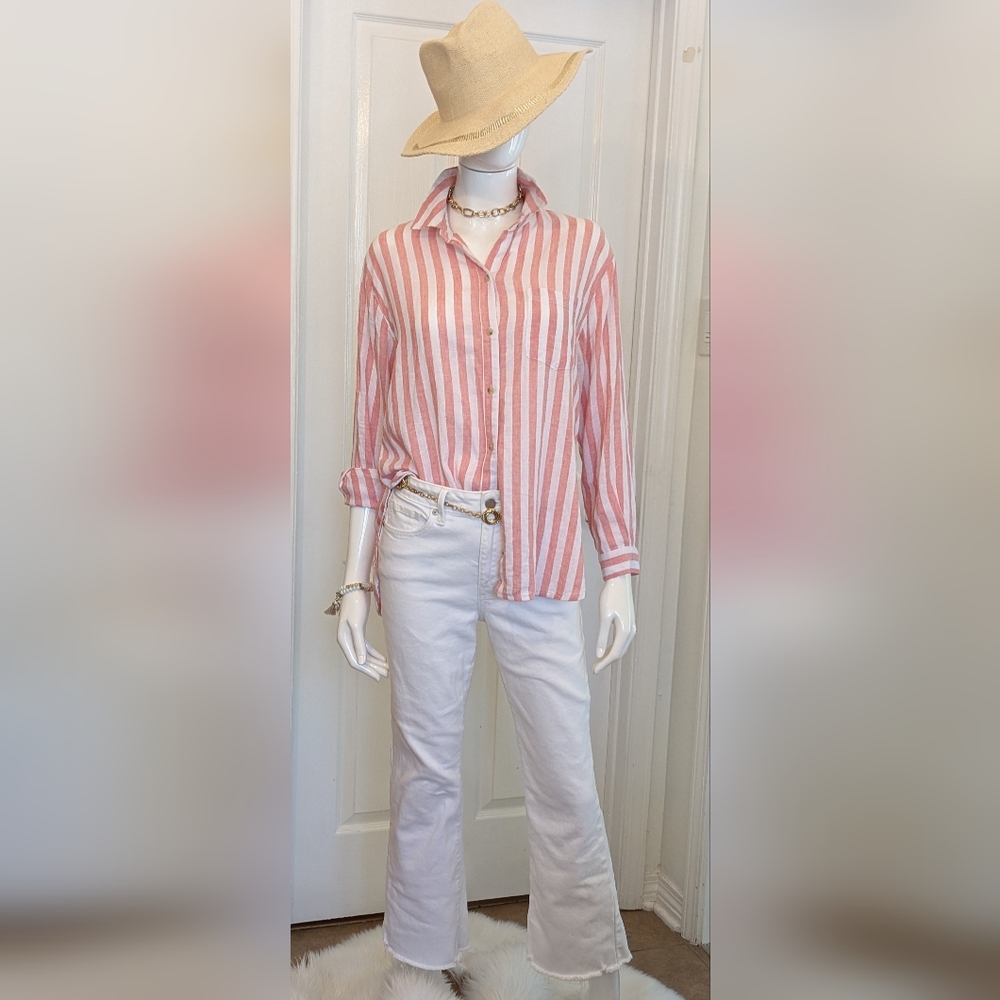 Linen Viscose Striped Salmon Pink and White Button-Up Shirt
